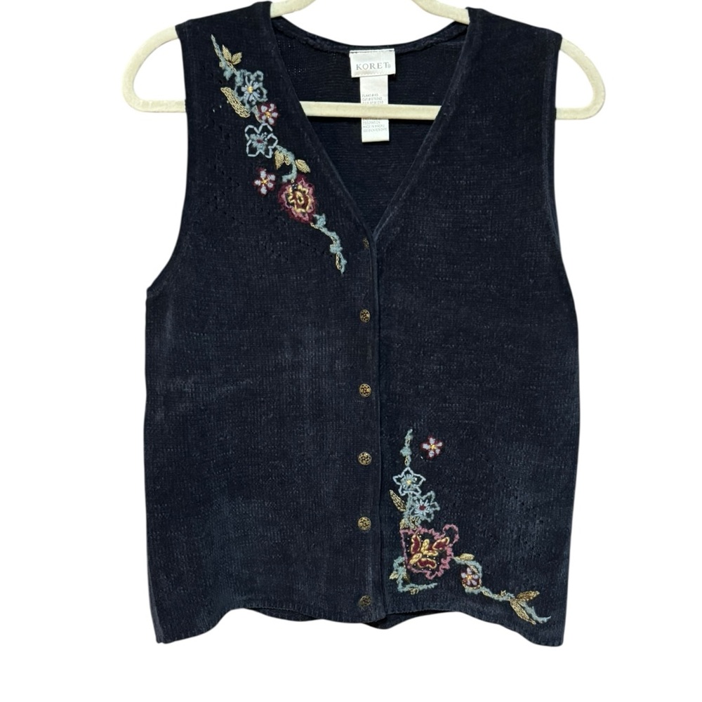 Vintage Koret Sweater Vest Floral‎ Embroidery Button Front Sz S